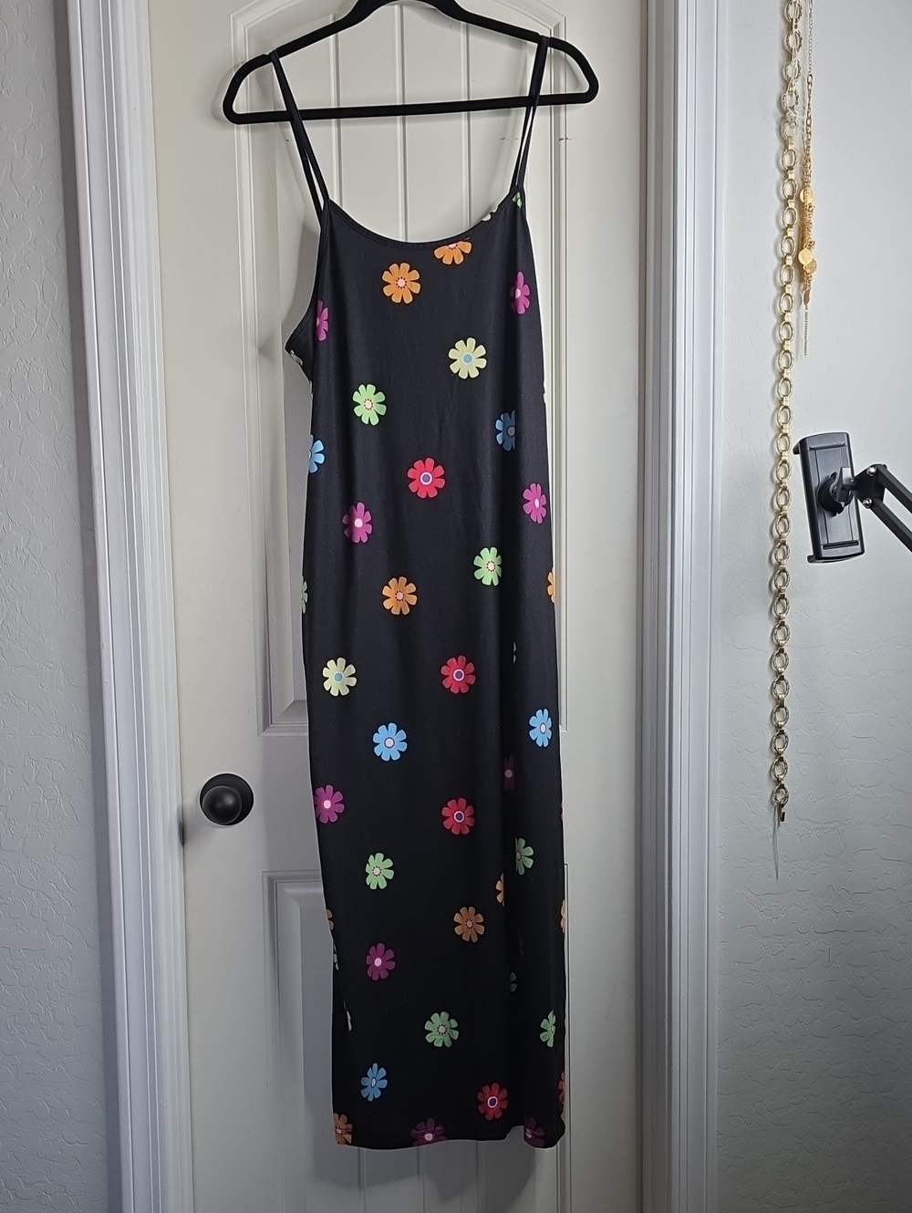 Black Floral Slip Dress with Multicolor Daisy Print